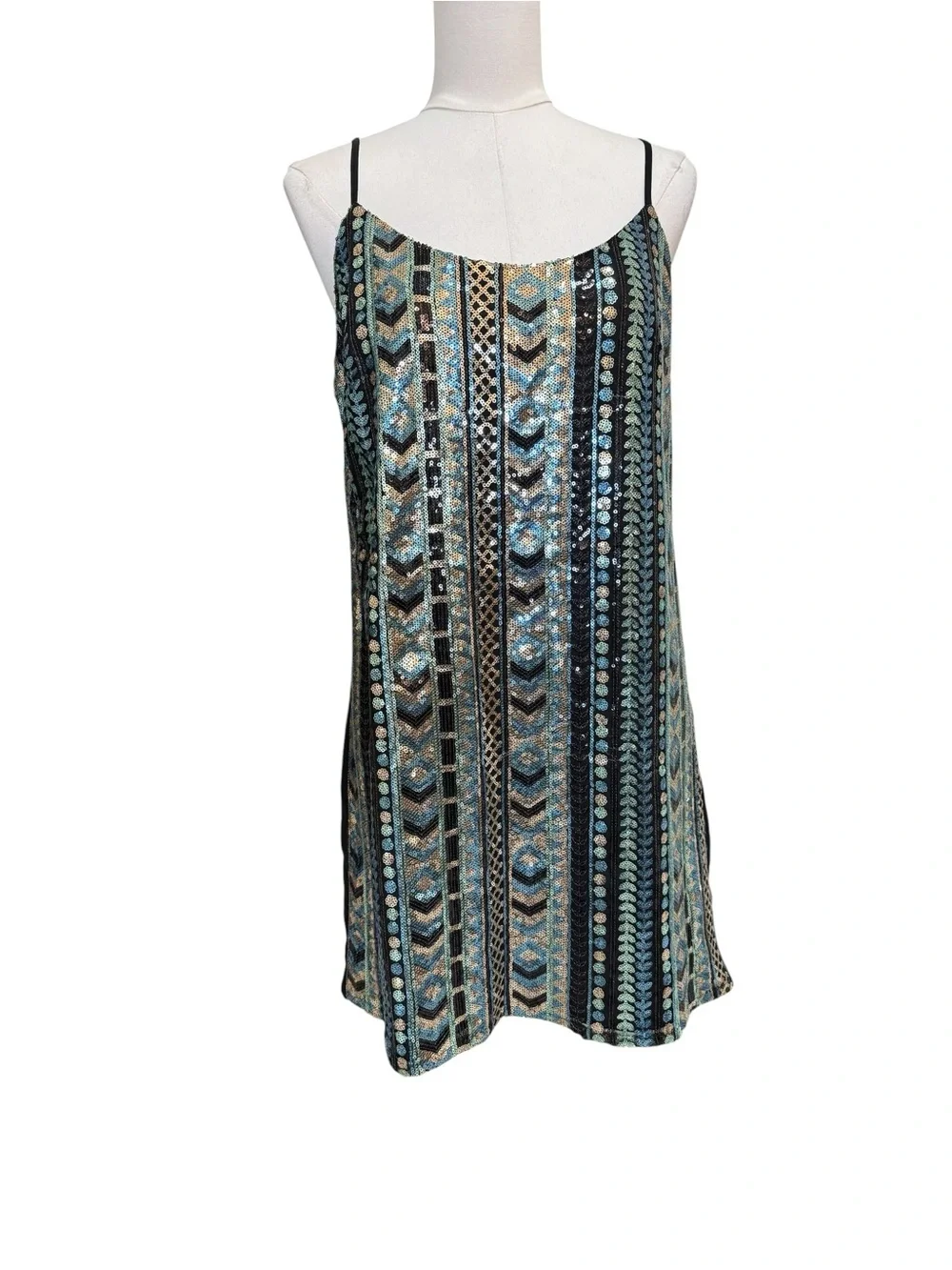 Forever 21 Contemporary Sequin Mini Dress Black Blue Gold Geometric Open Back L